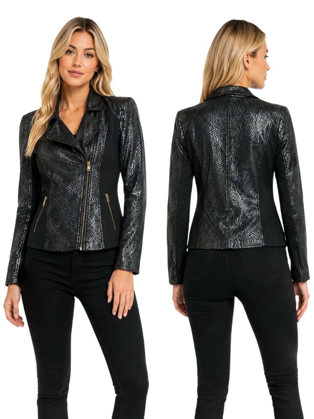 Mark Zunino Foil Animal Print Moto Jacket Women’s Black Asymmetric Zip Size S